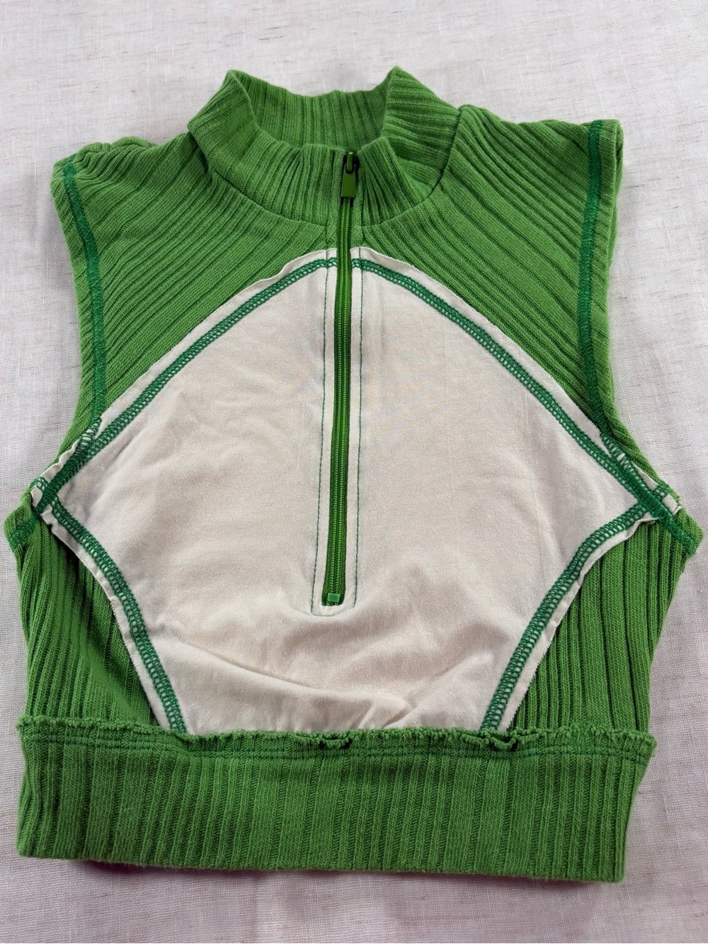 BDG Green & White Zip Front Cropped Knit Top